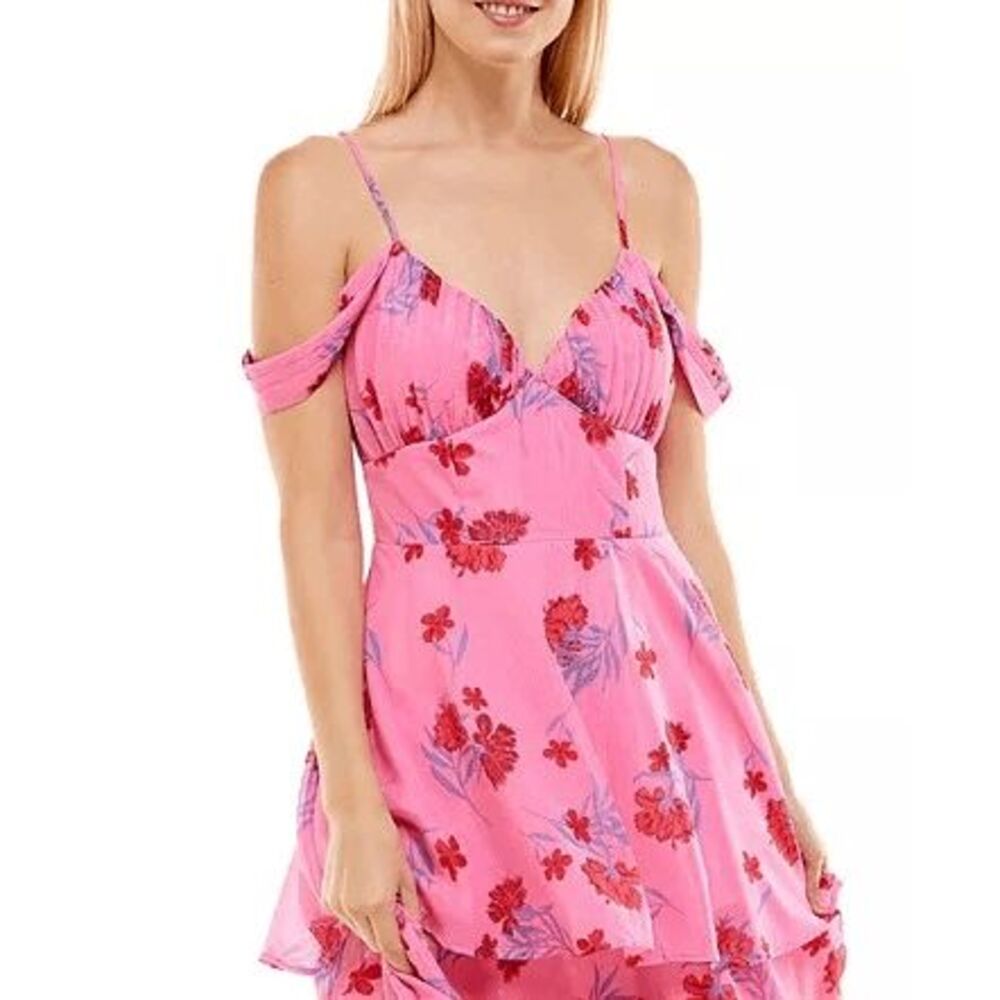 Crystall Doll Juniors' Women's Cold Shoulder Tiered Maxi Dress - Pink 5